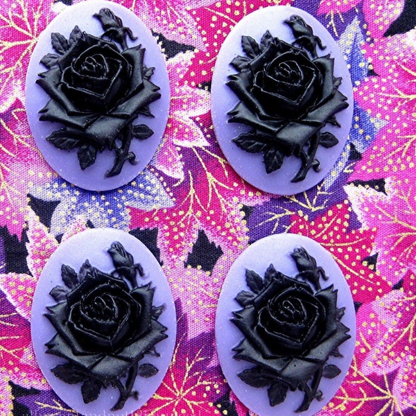 4 Roses Gothic BLACK Rose Flower on a Purple or Dark Lavender Color Background 40mm x 30mm Resin CAMEOS LOT for Making Costume Jewelry