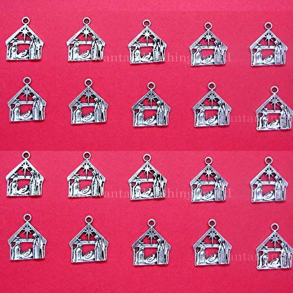 28 (14 pairs) SMALL Nativity Manger Christmas Pendants 19mm x 15mm x 5mm Antiqued Silvertone Costume Jewelry pendants for Earrings Necklaces