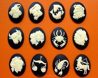 12 Astrological Astrology Zodiac Birth Sign Star Sign Ivory Color on Black 40mm x 30mm Resin Cameo CAMEOS LOT for Making Costume Jewelry