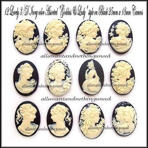 12 Assorted Styles Ivory color on Black 25mm x 18mm Resin LADY & GODDESS CAMEOS Lot A for Making Costume Jewelry