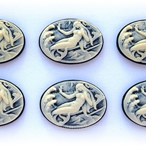 6 Ivory color on Black 25mm x 18mm HZ MERMAID Mermaids Siren Sea Nymph Mythological Horizontal CAMEOS for making Costume Jewelry or Crafts