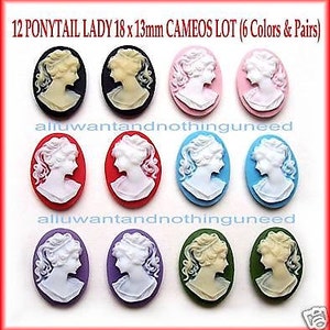 12 6 Pair Right & Left Facing 6 Colors 18mm x 13mm Classic PONYTAIL LADY Profile CAMEOS Lot Cabachons Cameo for Making Costume Jewelry image 1