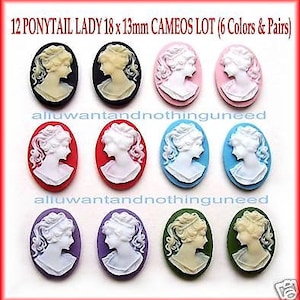 12 (6 Pair) Right & Left Facing (6 Colors) 18mm x 13mm Classic PONYTAIL LADY Profile CAMEOS Lot Cabochons Cameo for Making Costume Jewelry