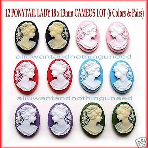 12 (6 Pair) Right & Left Facing (6 Colors) 18mm x 13mm Classic PONYTAIL LADY Profile CAMEOS Lot Cabachons Cameo for Making Costume Jewelry