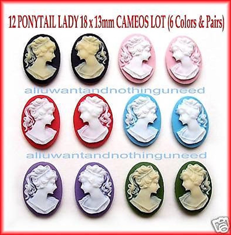12 6 Pair Right & Left Facing 6 Colors 18mm x 13mm Classic PONYTAIL LADY Profile CAMEOS Lot Cabachons Cameo for Making Costume Jewelry image 1