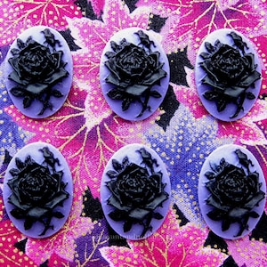 6 Roses Gothic BLACK Rose Flower on a Purple or Dark Lavender Color Background 25mm x 18mm Resin CAMEOS LOT for Making Costume Jewelry