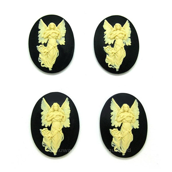 4 New Christian Religious Ivory on Black Color Guardian Angel Angels Holding Wreath Cameo 40mm x 30mm Resin Costume Jewelry Cameos Cabochons