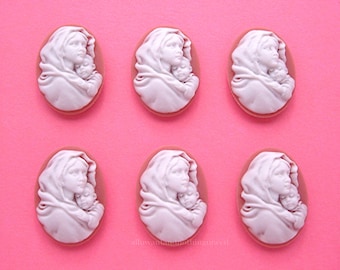 6 Christian Religious White on a Bubblegum Pink Color 25mm x 18mm MOTHER Holding CHILD MADONNA Baby Jesus Cameos Lot Costume Jewelry