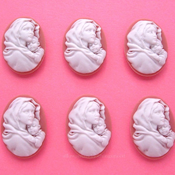 6 Christian Religious White on a Bubblegum Pink Color 25mm x 18mm MOTHER Holding CHILD MADONNA Baby Jesus Cameos Lot Costume Jewelry
