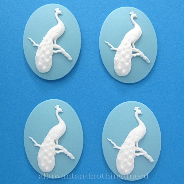 4 White on Baby Blue color PEACOCK in Tree with Full Tail Feathers Cameo 40mm x 30mm Cameos Pea Fowl Bird to make Costume Jewelry or Crafts