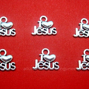 6 ANTIQUED Silver Tone Christian Religious I LOVE JESUS Pendant Pendants Charms to Make Costume Jewelry Crafts Earrings, Necklaces Rosaries