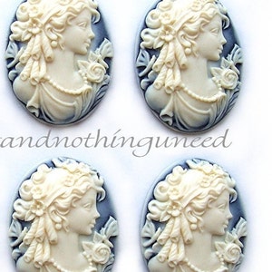 4 Ivory HAZY Swirl Color on Black Lady Goddess with Long Curls Adorned with Dragonflies and Flowers 40mm x 30mm Cameo Cameos Costume Jewelry