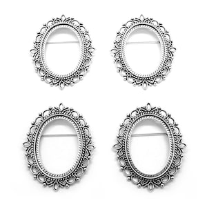 4 Antiqued SILVERTONE VERSAILLES Style Brooch 39.5mm x 29.5mm CAMEO Frames Settings w/ Locking Pin Bar Brooch Mountings for Costume Jewelry