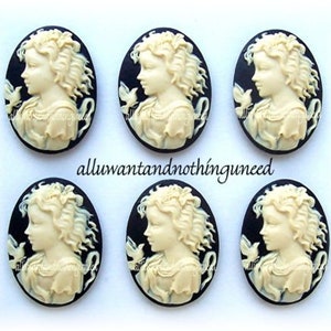 6 Ivory color on Black Young Girl Goddess with Dove 25mm x 18mm Resin CAMEOS Lot for Making Costume Jewelry
