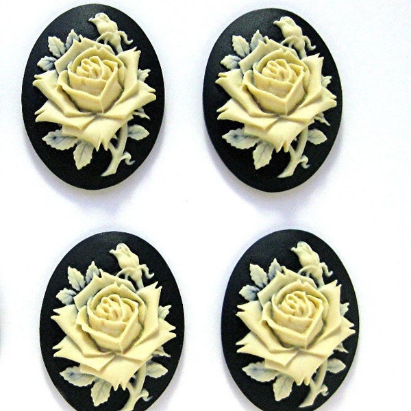 4 Roses Floral Rose Flower Ivory Color on Black 40mm x 30mm Resin CAMEOS LOT for Making Costume Jewelry