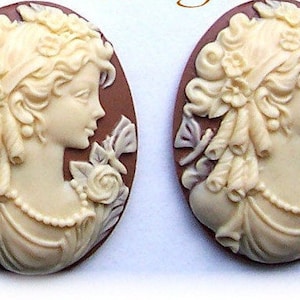 2 IVORY Color on Mocha Brown Lady Goddess with Long Curls Adorned with Dragonflies and Flowers 40mm x 30mm Cameo Cameos Costume Jewelry