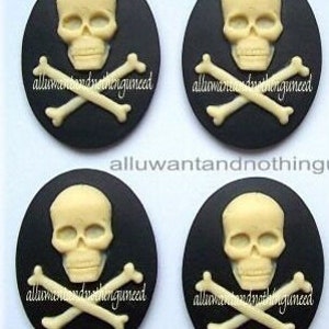 4 Goth Punk Zombie Dead Goth Punk Halloween Emo SKULL and Bones Ivory Color on Black 40mm x 30mm Resin Cameos Costume Jewelry image 1