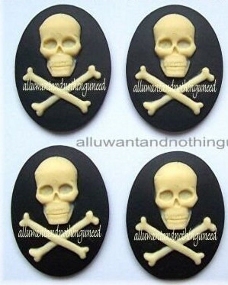 4 Goth Punk Zombie Dead Goth Punk Halloween Emo SKULL and Bones Ivory Color on Black 40mm x 30mm Resin Cameos Costume Jewelry image 1