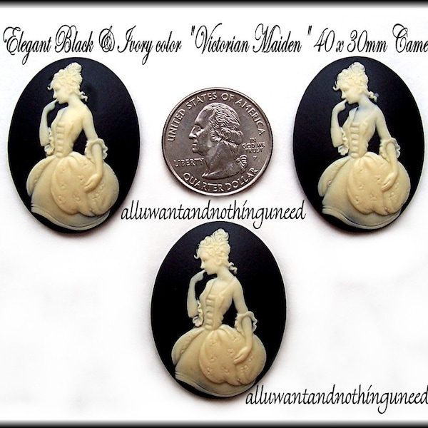 3 Ivory on Black Color Marie Antoinette Lady with Puffy Dress 40mm x 30mm Resin Cameos for Making Costume Jewelry