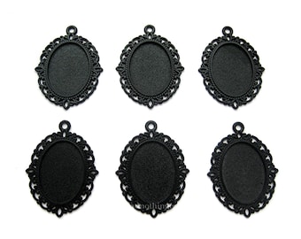 6 Black Metallic Gothic VERSAILLES Style 25mm x 18mm CAMEO Settings Frames Pendant Pendants 25mm x 18mm for Making Costume Jewelry or Crafts