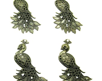 4 New Antiqued BRONZE/BRASS tone Large PEACOCK Bird Pendants Charms 69mm x 38mm x 3mm Pendant for Making Costume Jewelry Crafts Necklaces