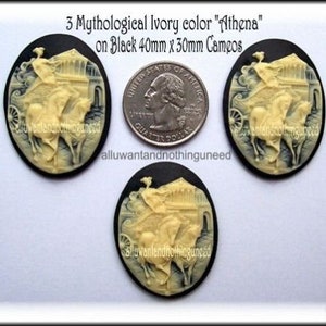 3 Ivory Color Mythological Athena with Chariot and Horses Horse on Black Cameo 40mm x 30mm Resin Cameos Lot for Making Costume Jewelry