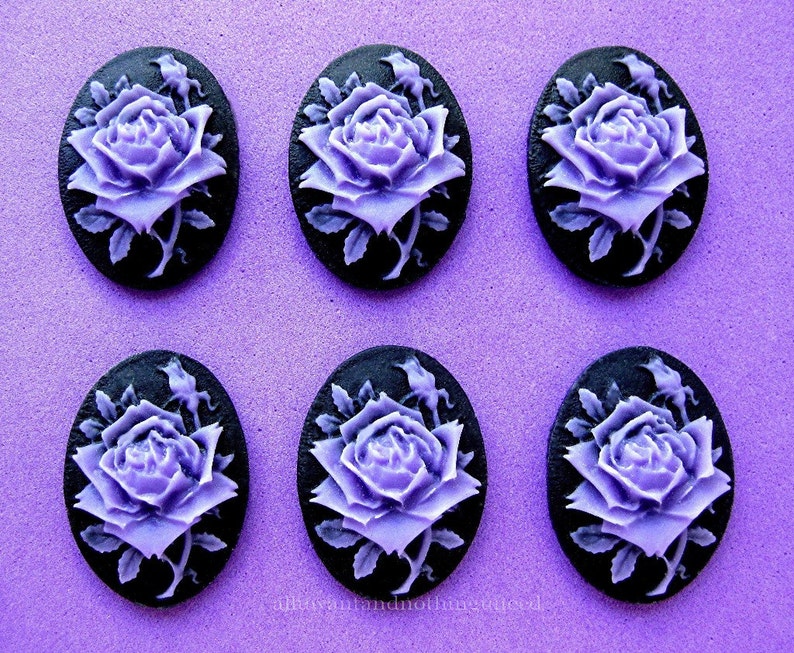 6 Roses Floral Rose Flower Purple or Dark Lavender Color on Black 25mm x 18mm Resin CAMEOS LOT for Making Costume Jewelry