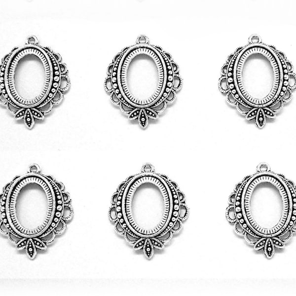 6 ANTIQUED Silver tone CALISTA Style Pendants 18mm x 13mm CAMEO Goth Gothic Style Settings Frames to make Costume Jewelry Earrings / Crafts