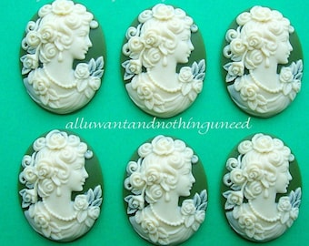 6 Ivory Color on Green Victorian Lady Goddess with Roses 25mm x 18mm Cameo Resin Cameos Lot for Making Costume Jewelry