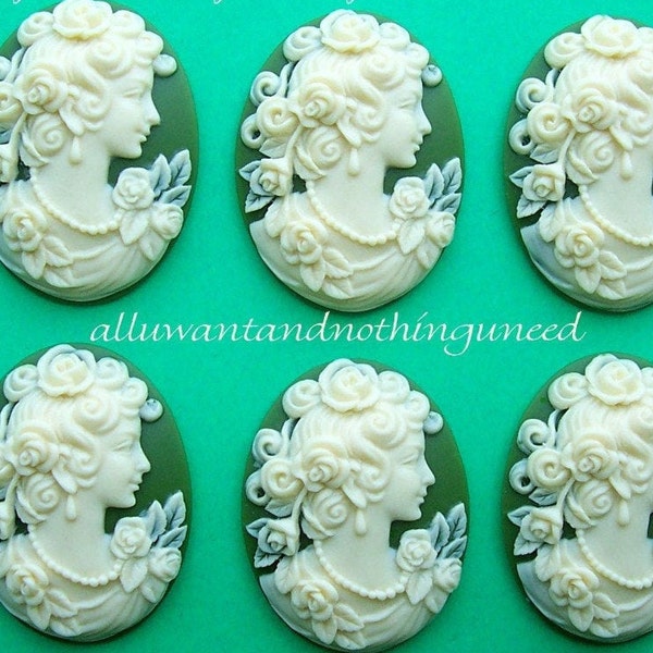 6 Ivory Color on Green Victorian Lady Goddess with Roses 25mm x 18mm Cameo Resin Cameos Lot for Making Costume Jewelry