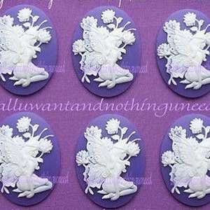 6 White Fairy and Thistle on Purple or Dark Lavender 25mm x 18mm Resin CAMEOS LOT for Making Costume Jewelry