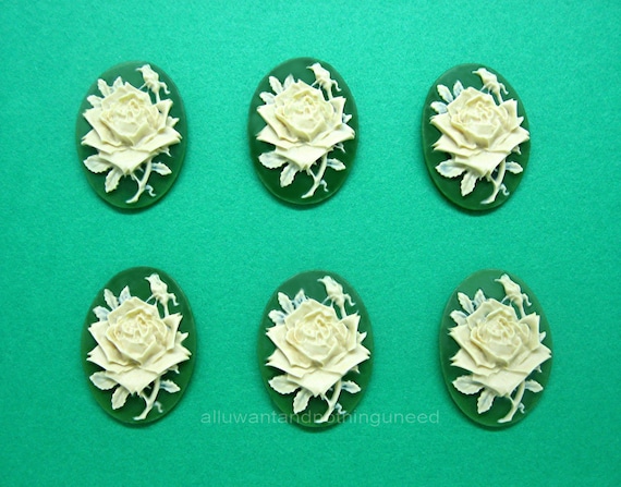 6 Roses Floral Rose Flower Bright Ivory Beige on an Irish Green Color Rose Flowers 25mm x 18mm Resin CAMEOS LOT for Making Costume Jewelry