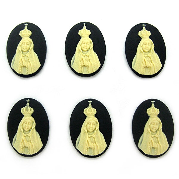 6 Christian Religious Our Lady Of FATIMA Virgin Mary Holy Mother Jesus Ivory Color on Black 25mm x 18mm Resin Costume Jewelry Cameos LOT