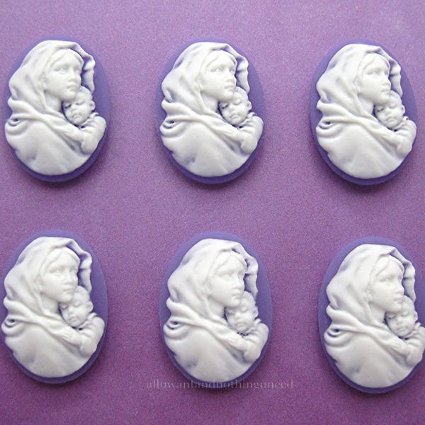 6 Christian Religious White on Purple or Dark Lavender Color 25mm x 18mm MOTHER Holding CHILD MADONNA Baby Jesus Cameos Lot Costume Jewelry