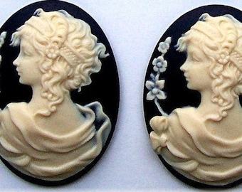 2 Ivory Color on Black Greek Goddess Lady Looking Back with Flowers 40mm x 30mm Cameo Resin Cameos Lot for Making Costume Jewelry