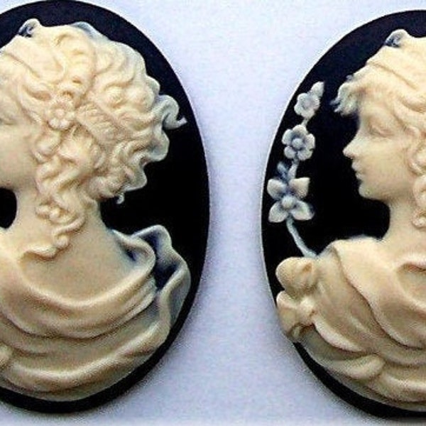 2 Ivory Color on Black Greek Goddess Lady Looking Back with Flowers 40mm x 30mm Cameo Resin Cameos Lot for Making Costume Jewelry