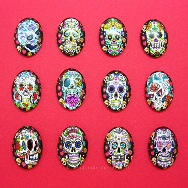 12 asst 25mm x 18mm Glass  Sugar Skull w/ Flowers 6mm thick Glass Domed CAMEO Lot Goth Emo Halloween Punk Skull Dia de Las Muertos Cabachons