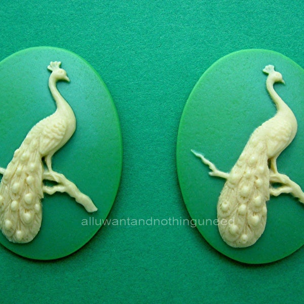 2 IVORY Color on Irish Spring GREEN PEACOCK in Tree Full Tail Feathers Cameo 40mm x 30mm Cameos Pea Fowl Bird to make Costume Jewelry Crafts