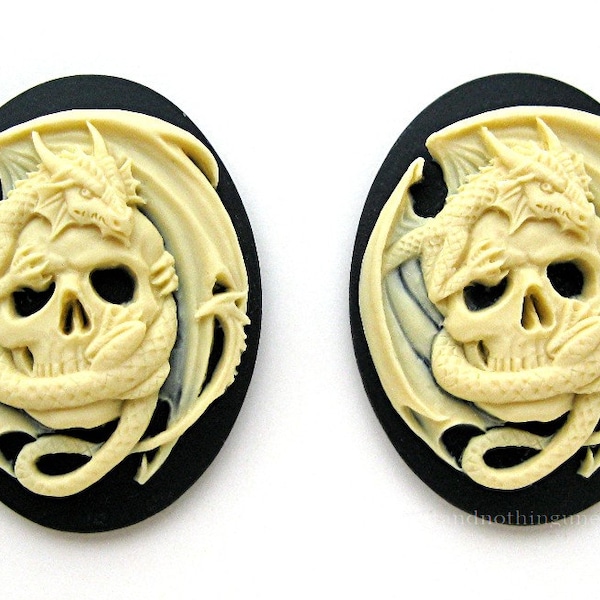 2 Goth Punk Zombie Dead Goth Punk Halloween Emo SKULL & Winged DRAGON Gargoyle Ivory Color on Black 40mm x 30mm Resin Cameos Costume Jewelry