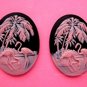 2 Tropical PINK on BLACK FLAMINGOS Pink Birds with Palm Trees Islands Caribbean Cameo 40mm x 30mm Cameos Lot Bird Cabachons Costume Jewelry