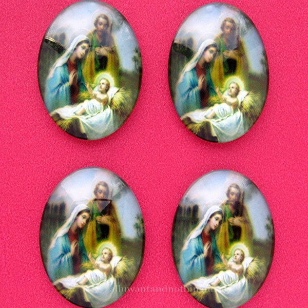 4 Glass 3-D Christian Religious Nativity Manger Mary Joseph Baby Jesus Christmas 40mm x 30mm Glass Domed CAMEO Lot for Costume Jewelry