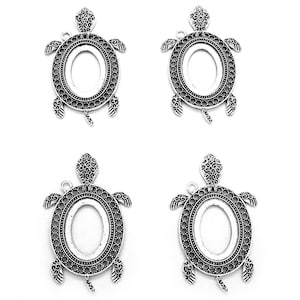 4 ANTIQUED Silvertone 25mm x 18mm Cameo Sea TURTLE or Tortoise Style Settings Frames Pendant Pendants for Making Costume Jewelry or Crafts