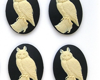 4 Ivory color Great HORNED OWL On Black Cameos 40mm x 30mm CAMEO Lot Fantasy Goth Hunting Bird Birds of Prey Owls Cabochons Costume Jewelry