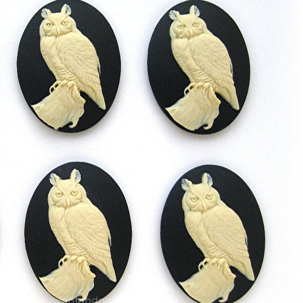4 Ivory color Great HORNED OWL On Black Cameos 40mm x 30mm CAMEO Lot Fantasy Goth Hunting Bird Birds of Prey Owls Cabochons Costume Jewelry