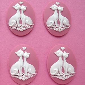 4 Love Cats Couple Kitty Cat w/ Heart Sweetheart Feline White Bright Bubble Gum Pink Color 40mm x 30mm Resin CAMEOS LOT Costume Jewelry