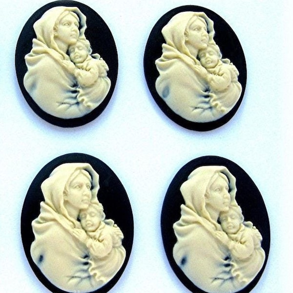 4 Christian Religious MOTHER & CHILD or MADONNA and Baby Jesus Ivory Color on Black 40mm x 30mm Cameos Lot to Make Costume Jewelry