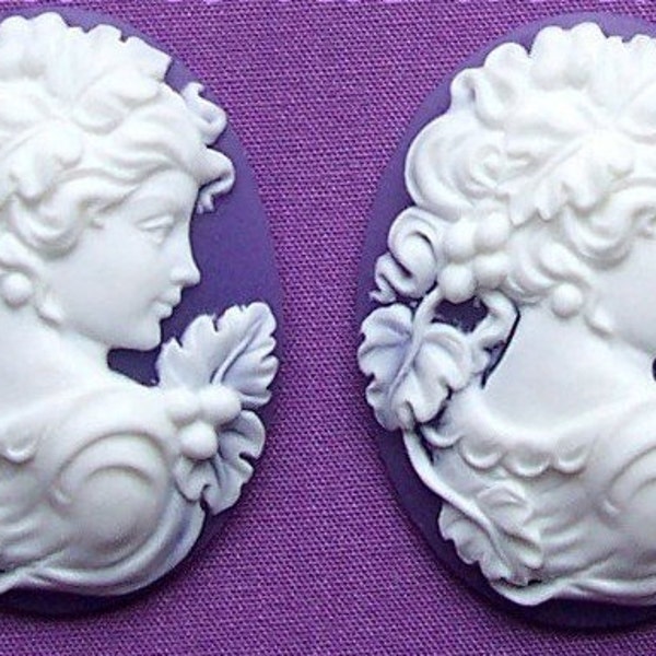 2 White Grecian Goddess of the Harvest Demeter with Grapes on Purple/ Lavender 40mm x 30mm Cameo Resin Cameos Lot for Making Costume Jewelry