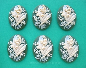 6 New IVORY or BEIGE Color Lily of the Valley Cameos on a Bright Spring GREEN Background 25mm x 18mm for making Costume Jewelry Crafts