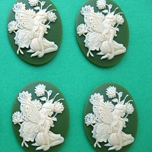 4 Fairy and Thistle Ivory Color on Green 40mm x 30mm Resin CAMEOS LOT for Making Costume Jewelry