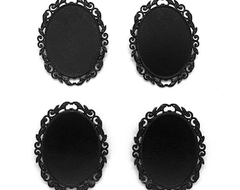 4 Solid BLACK Metallic Leaf & Scroll Style Brooch 40mm x 30mm CAMEO Frames Settings Pin Brooch Mountings for Making Costume Jewelry Crafts